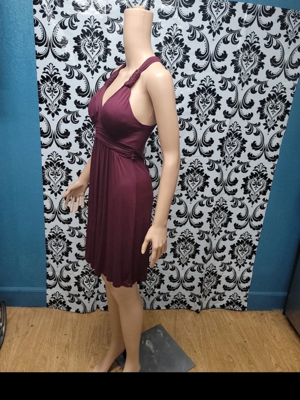 Ruched Halter Empire Midi Dress in Deep Plum - Picture 3 of 5